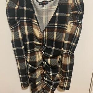 Absolutely Plaid V-Neck Dress in Black, Brown & Cream